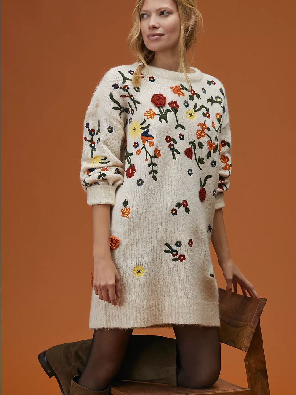 Anthropologie Cream Knit Mini Dress with Multicolor Floral Embroidery